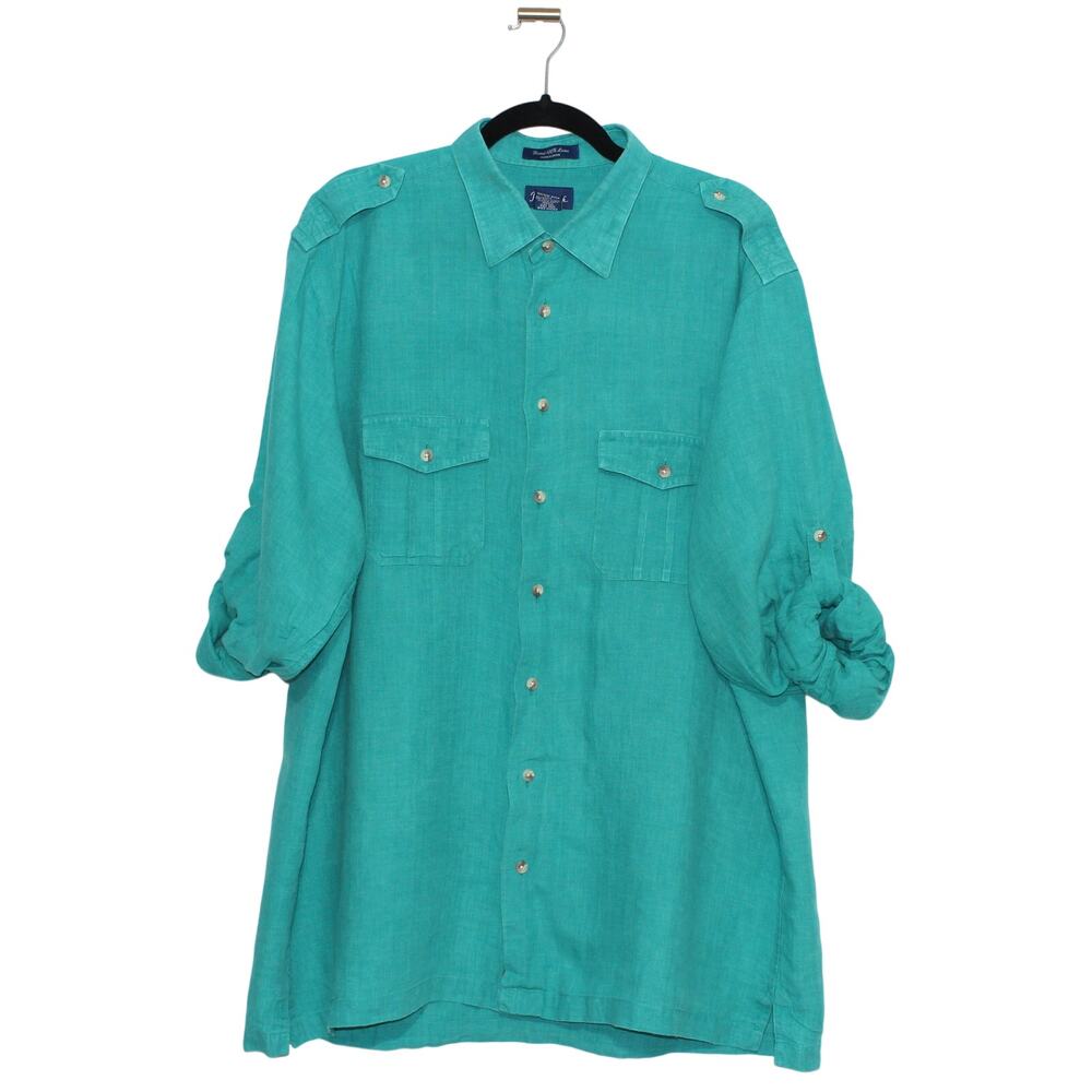 Vintage Paul Fredrick 100% Linen Button Up Blouse Teal Green XLT
